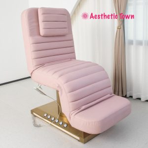 Electric adjustable massage facial bed with foot control and customizable color options.