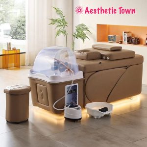 Modern luxury salon shampoo bed with storage cabinets and deep ceramic bowl